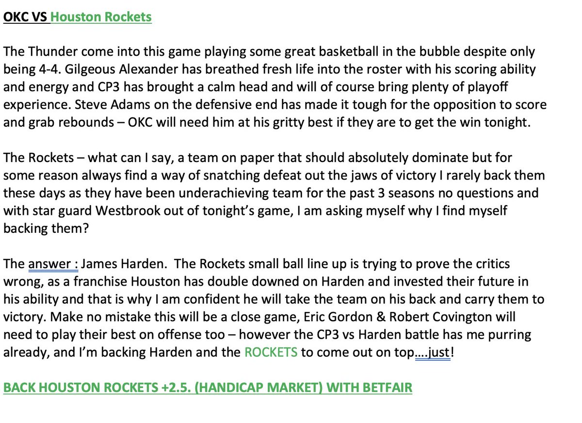 NBABetTipster's tweet photo. Tonights NBA Playoff Bet Of The Day

Milwaukee #BUCKS TO WIN. ⏳ #FearTheDeer 
Houton #ROCKETS +2.5 pts. ⏳ #OneMission 

Odds 2.1 w/ Betfair Sportsbook 
Write ups attached to this tweet

GOOD LUCK 🤞

#NBA #Betting #Tips #NBAPlayoffs #nbaPlayoffs2020 #WholeNewGame https://t.co/vljhvtGP4N