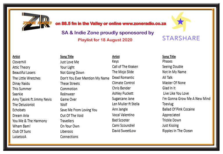 Zone Radio (@zoneradiocpt) on Twitter photo Here are the choices of <a href="/JudyRoberson1/">Judy Roberson</a> for her playlist tonight on SA & Indie Zone sponsored by @starsharefame. Listen between 6 and 9pm tonight 18 August.
<a href="/biggestbossfan/">Pony Boy</a>
<a href="/attictheory/">Attic Theory</a>
<a href="/SongsmithsSA/">Songsmiths</a>
<a href="/SaarkieBand/">SAARKIE</a>
<a href="/amytjasink/">Amy Tjasink</a>
<a href="/JimmyNevis/">JimmyNevis</a>
<a href="/dreamariacanada/">Dream Aria</a>
<a href="/ymathofficial/">You,MeAndTheHarmony</a>
<a href="/ccband/">Climate Control</a> Here are the choices of <a href="/JudyRoberson1/">Judy Roberson</a> for her playlist tonight on SA & Indie Zone sponsored by @starsharefame. Listen between 6 and 9pm tonight 18 August.
<a href="/biggestbossfan/">Pony Boy</a>
<a href="/attictheory/">Attic Theory</a>
<a href="/SongsmithsSA/">Songsmiths</a>
<a href="/SaarkieBand/">SAARKIE</a>
<a href="/amytjasink/">Amy Tjasink</a>
<a href="/JimmyNevis/">JimmyNevis</a>
<a href="/dreamariacanada/">Dream Aria</a>
<a href="/ymathofficial/">You,MeAndTheHarmony</a>
<a href="/ccband/">Climate Control</a>