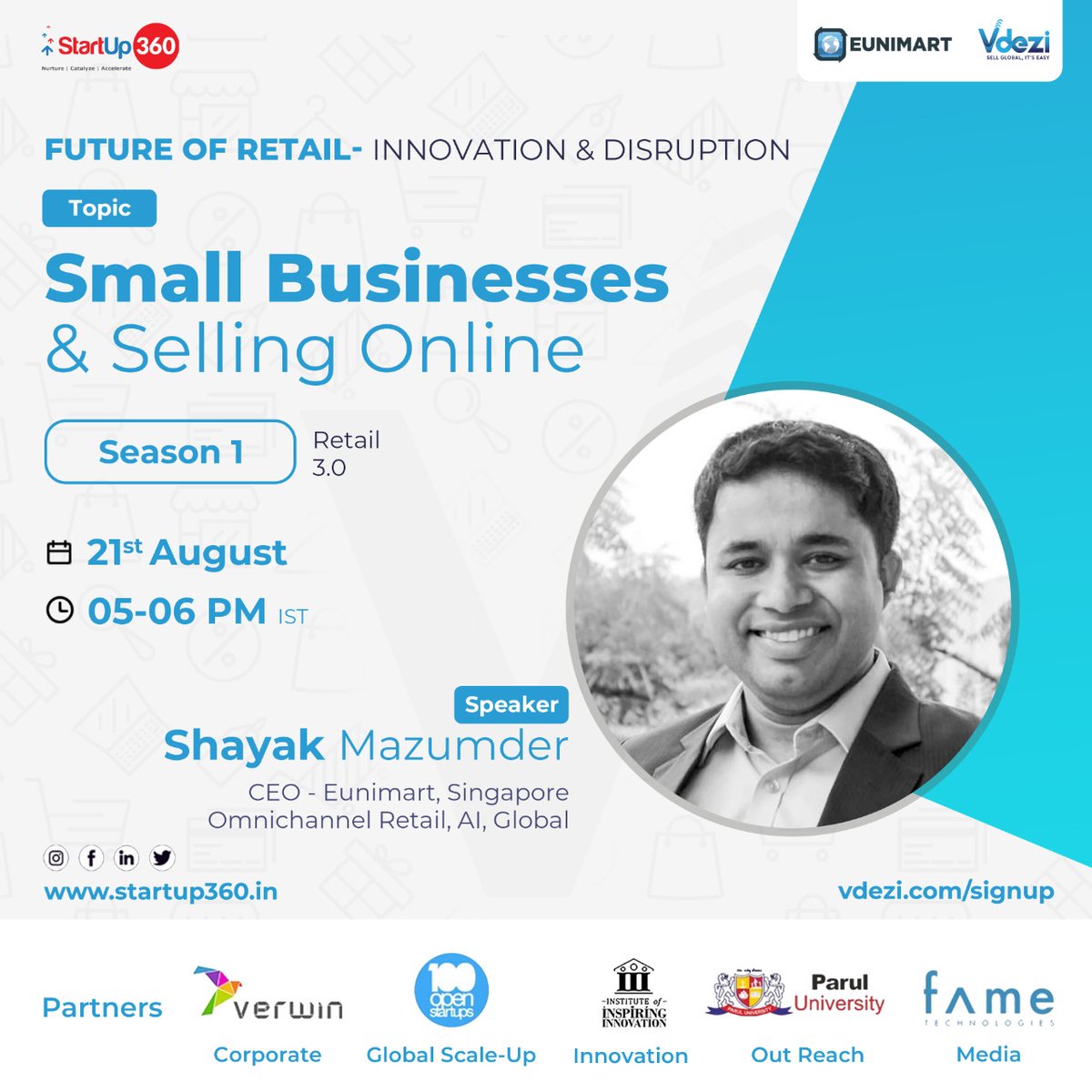 eunimartltd's tweet photo. What is the future of retail? Innovation or disruption?

Watch Shayak Mazumder, CEO of @EunimartLtd  &amp; @v_dezi speak at a virtual session organised by @Startup360india on "Small Businesses &amp; Selling online."

Registration link : https://t.co/QClOtW11H5

#Retail #Entrepreneurship https://t.co/0s3dKXemyZ