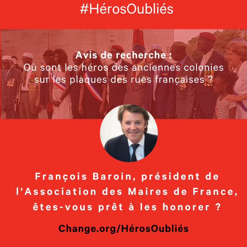 ChangeFrance's tweet photo. [🔎 Avis de recherche ⅙ ] @francoisbaroin Où sont les héros des anciennes colonies sur les plaques des rues françaises❓🤔

🙋‍♀️🙋🙋‍♂️@SeckAstel et 26K personnes vous exhortent à honorer ces #HérosOubliés et attendent votre réponse à leur interpellation sur https://t.co/vvtPmWildj. https://t.co/lU5BjGj2mo
