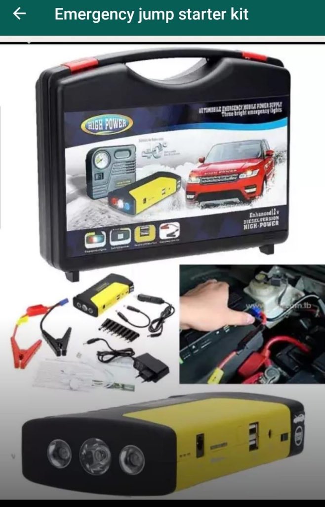 Jumpstart car tool lit at ksh.6000 without inflator. Included are Manual inflator car battery multiple laptop charger usb 5 in 1 charger car charger electric charger.