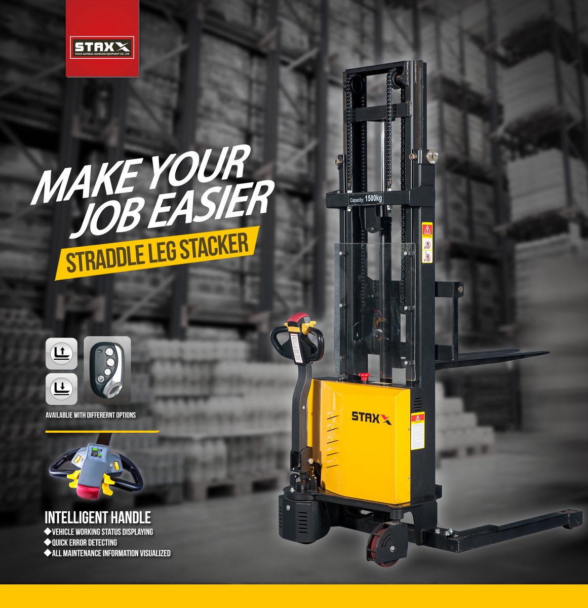 Staxxmhe_com's tweet image. Straddle Leg Stacker

Unique in the market, idea from trailer goods picking, with a simple remote device, the operator can control the stacker lift and lowering to any suitable working height,save effort and be efficient.
staxxmhe.com/pallet-stacker…
#straddlelegstacker
#palletstacker