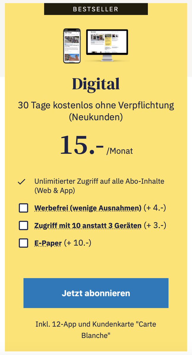 Unser neues Abo-Portfolio ist seit heute live - inklusive Option "werbefrei" (z.B. shop.tagesanzeiger.ch). Danke an das gesamte Team für die fantastische Arbeit! Details: tamedia.ch/de/unternehmen…