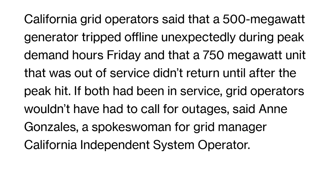 As you might have guessed, the reasons for rolling blackouts in Cali primarily involve unusually high demand, along with several major fossil gas power stations failing in the heat. Solar *does* reduce output at night, but we *know* it does that. Something bigger is going on.