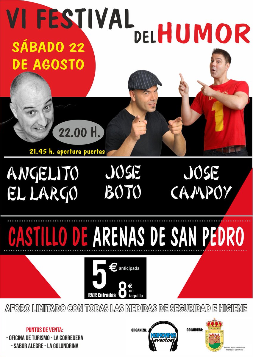 Ayuntamiento de Arenas de San Pedro (@aytoarenasp) on Twitter photo EL CASTILLO DEL CONDESTABLE DÁVALOS ACOGERÁ EL SÁBADO 22 DE AGOSTO EL VI FESTIVAL DE HUMOR PROTAGONIZADO POR <a href="/jozecampoy/">Jose Campoy</a> <a href="/ElLargo/">angelito el largo</a> y <a href="/botocomico/">jose boto</a>
#ArenasDeSanPedro #DondeTusSentidosDespiertan #GredosTietar EL CASTILLO DEL CONDESTABLE DÁVALOS ACOGERÁ EL SÁBADO 22 DE AGOSTO EL VI FESTIVAL DE HUMOR PROTAGONIZADO POR <a href="/jozecampoy/">Jose Campoy</a> <a href="/ElLargo/">angelito el largo</a> y <a href="/botocomico/">jose boto</a>
#ArenasDeSanPedro #DondeTusSentidosDespiertan #GredosTietar