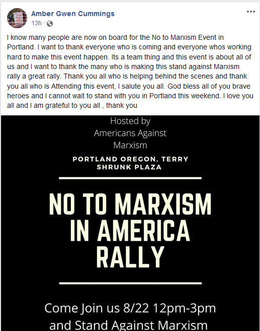 Right wing agitator Amber Cummings from California has been planning a No to Marxism event in Portland for months, which hardly anyone has noticed, because she's so obscure and can't usually draw much audience.