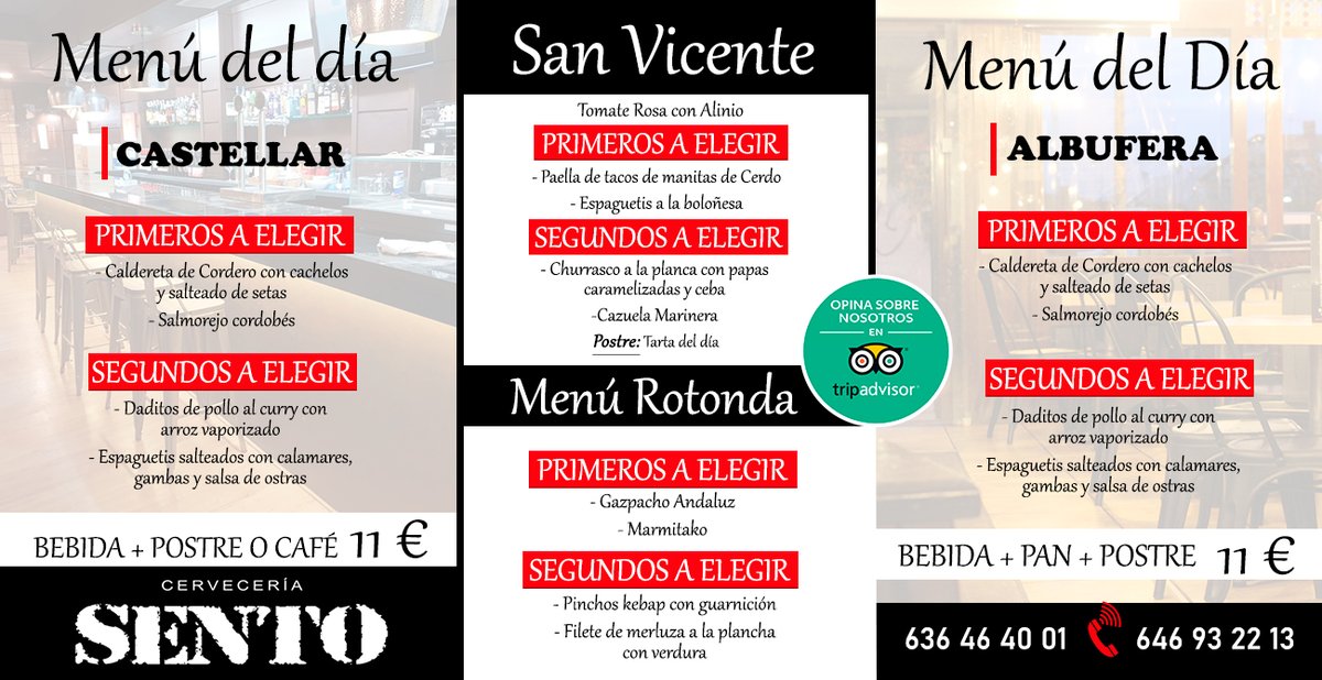 Buenos días‼ ¿Pensando dónde #comer? 🤔 Tenemos #menú del día en las cervecerías Sento en la #Albufera, Castellar en #Alicante, Rotonda en #playadeSanJuan y San Vicente del Raspeig ➡ Os esperamos