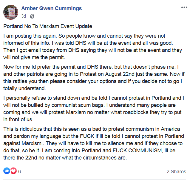 Amber Cummings filed for a permit and tried to have Portland police and DHS for security, but was rejected on all fronts, which could draw out her more violent friends
