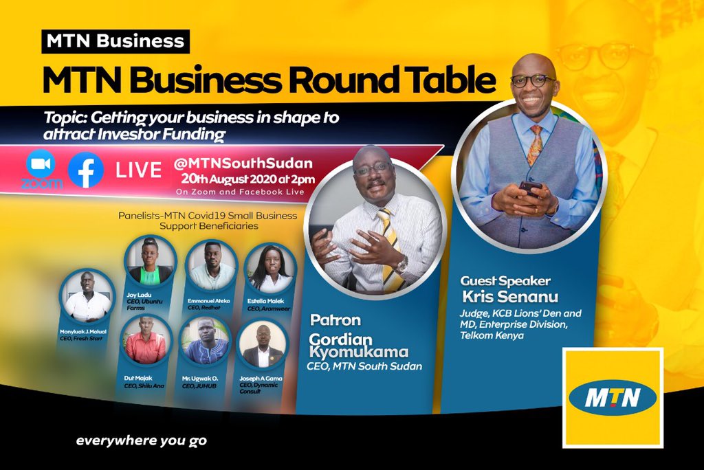 MTNSSD's tweet photo. Join us for the MTN Business Round Table discussion with KCB Lions' Den Investor/Judge, Kris Senanu as Guest Speaker under the theme :
💰Getting Your Business In Shape To Attract Investor Funding . @gkyomukama1 @JuHubSSD @FarmUbuntu @DeliveryRedhat @fresh_StartCCL @AramweerShea https://t.co/pVgnDKjaux