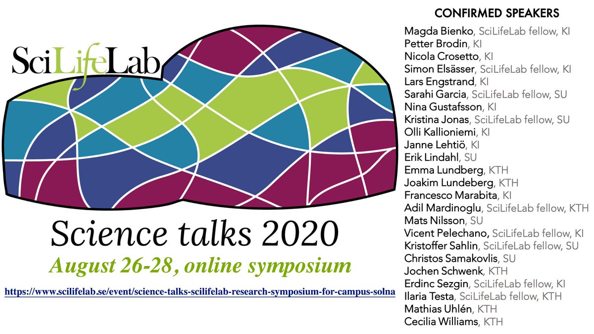 SciLifeLab_BMI's tweet photo. Campus Solna @scilifelab symposium 'Science Talks 2020': 3 days of presentations @BienkoMagda @BrodinPetter @simonelsasser @sarilog @krijonas @lehtiolab @eriklindahl @Prof_Lundberg @Mardinoglu @MatsNilssonLab @pelechanolab @krsahlin @jochwenk @Sciezgin @IlariaTesta4 and more👇 https://t.co/qVA8kdz7ct