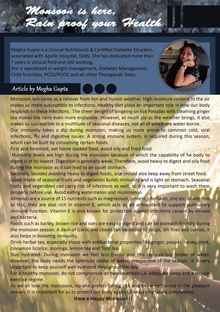 "Monsoon is here
Rain proof your health"
Article  By Nutritionist Megha Gupta
Featured: @curencurves
Magazine: <a href="/foodmela/">FoodMeLA</a>
Graphic Designer: @nidhipampattiwar
Content Writter: @shikha_kitchen_snaps
Digital Marketer: <a href="/krista_freebird/">Shweta Bansal</a>
Check it out more from foodmela.online