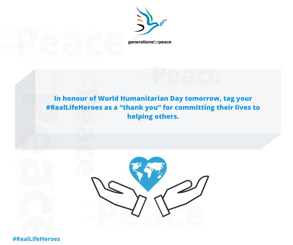 Gens_For_Peace's tweet photo. In honour of #WorldHumanitarianDay tomorrow, tweet us with your #RealLifeHeroes as a "thank you" for committing their lives to helping others! https://t.co/Cdx4S4l5yl