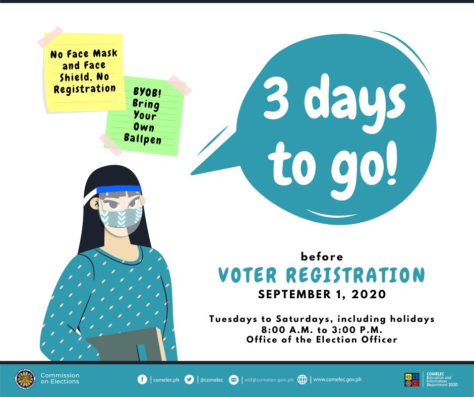COMELEC's tweet photo. 3 days to go before #VoterReg. #MagparehistroKa na!
Got questions? #AskCOMELEC here: https://t.co/q20fem0K7f https://t.co/rKVRUyIQ9q