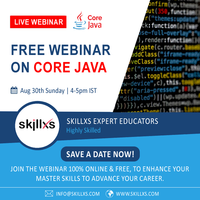 skillxscourses's tweet image. Free Live Webinar on Core Java
Time: Sunday, August 30, 2020 at 4 PM – 5 PM
Join the webinar 100% online & free, to enhance your master skills to advance your career.
#corejava #webinar #javawebinar #learning #elearning
Registration Link: forms.gle/xivVNN2Pdnci3H…