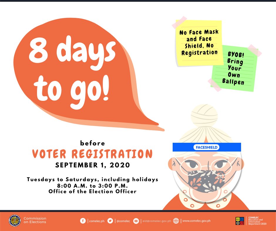 COMELEC's tweet photo. 8 days to go before #VoterReg. #MagparehistroKa na!
Got questions? #AskCOMELEC here: https://t.co/q20fem0K7f https://t.co/1vyYTcJOvG