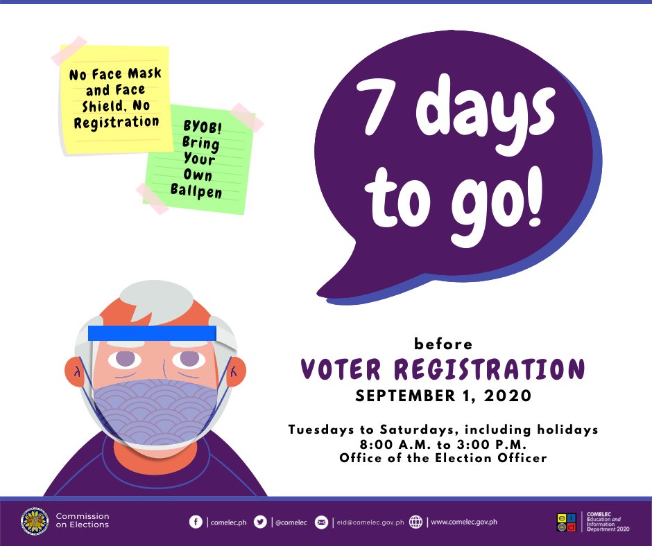 COMELEC's tweet photo. 7 days to go before #VoterReg. #MagparehistroKa na!
Got questions? #AskCOMELEC here: https://t.co/q20fem0K7f https://t.co/xNHAm3OWhY