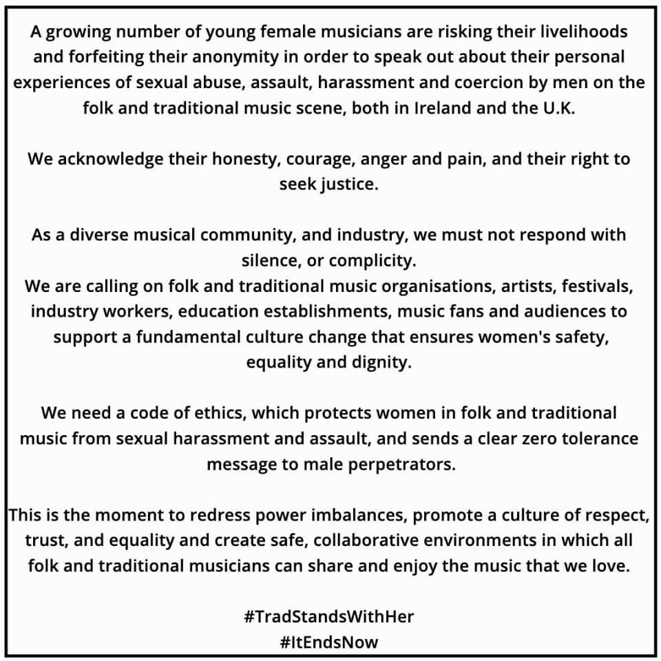 sidmouthfolk's tweet photo. The Sidmouth Folk Festival stands in solidarity with women in trad/folk music and the need for culture change.

We must not stay silent.
#tradstandswithher #itendsnow #womenintrad https://t.co/NcDcqymWjs