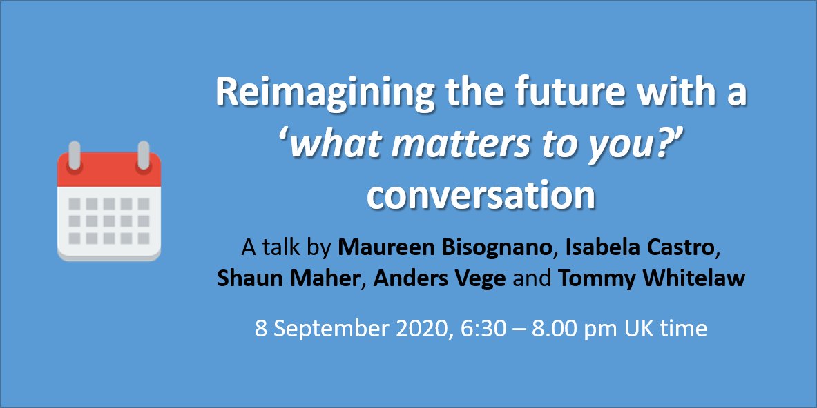 HIS - Community Engagement (@hisengage) on Twitter photo Reimagining the future with a ‘what matters to you?’ conversation - 8 Sept, 18:30 BST
Panel discussion with <a href="/maureenbis/">Maureen Bisognano</a> <a href="/CASTROISABELA/">Isabela Castro</a> <a href="/andersvege/">Anders Vege</a> @S4Maher and <a href="/tommyNtour/">Tommy Whitelaw BCAh</a>. Part of #ALLIANCEConf20 online prog.
➡️Register now at: …e-annual-conference2020.heysummit.com/talks/reimagin… Reimagining the future with a ‘what matters to you?’ conversation - 8 Sept, 18:30 BST
Panel discussion with <a href="/maureenbis/">Maureen Bisognano</a> <a href="/CASTROISABELA/">Isabela Castro</a> <a href="/andersvege/">Anders Vege</a> @S4Maher and <a href="/tommyNtour/">Tommy Whitelaw BCAh</a>. Part of #ALLIANCEConf20 online prog.
➡️Register now at: …e-annual-conference2020.heysummit.com/talks/reimagin…