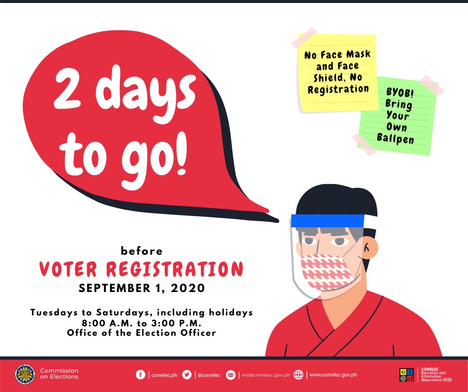 COMELEC's tweet photo. 2 days to go before #VoterReg. #MagparehistroKa na!
Got questions? #AskCOMELEC here: https://t.co/q20fem0K7f https://t.co/h6piBvdCuS
