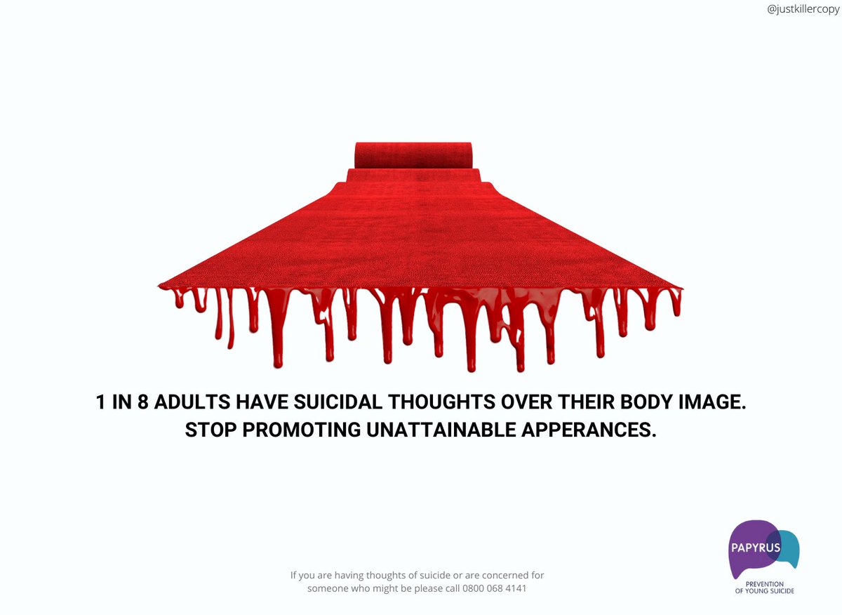 justkillercopy's tweet photo. A more serious one for today’s @OneMinuteBriefs

Advertise #REDCARPETS #copywriter #advert #suicideprevention #bodyimage 

@PAPYRUS_tweets https://t.co/eTfVmVSR3M