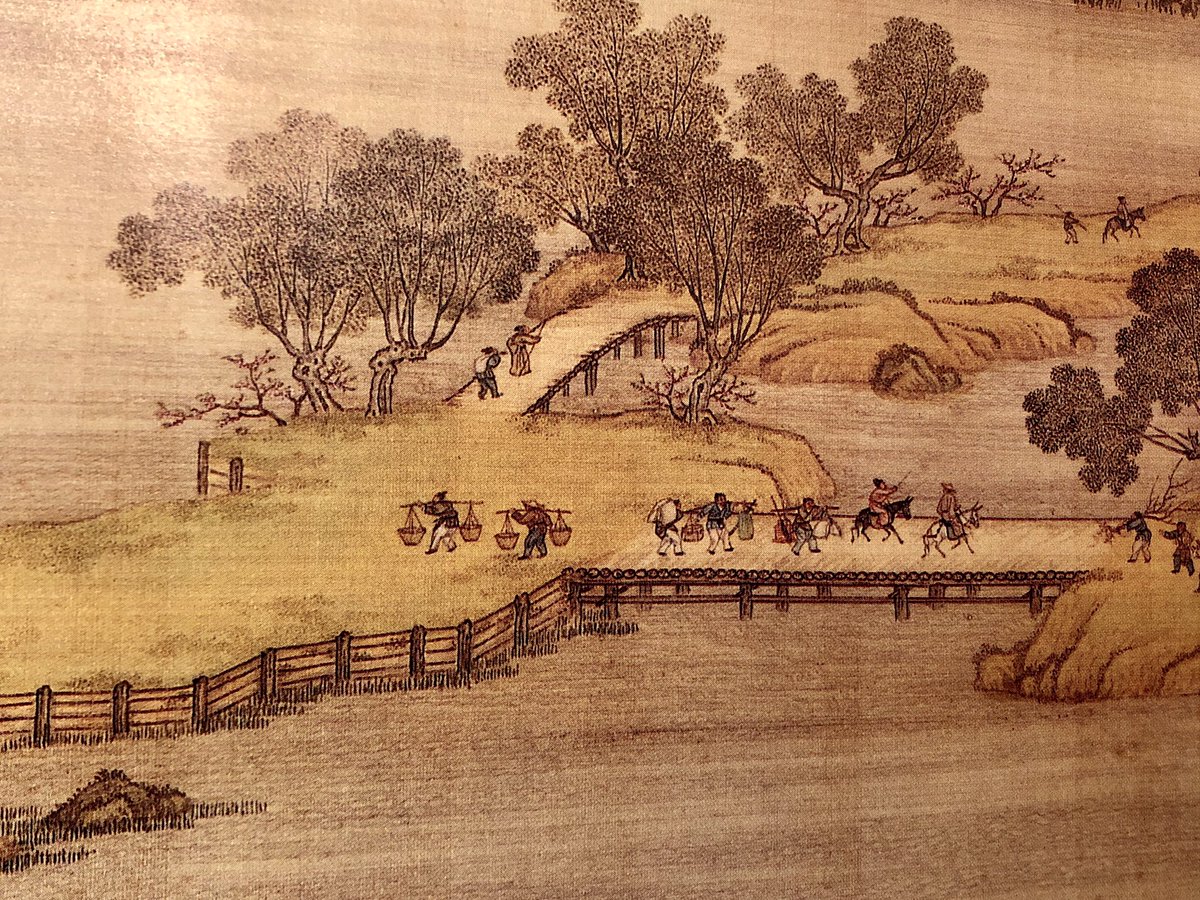 “Along the River During the Qingming Festival”, is an enormous scroll painted by five Qing dynasty court artists in the 1730s, itself based on a famous 11th century artwork.
