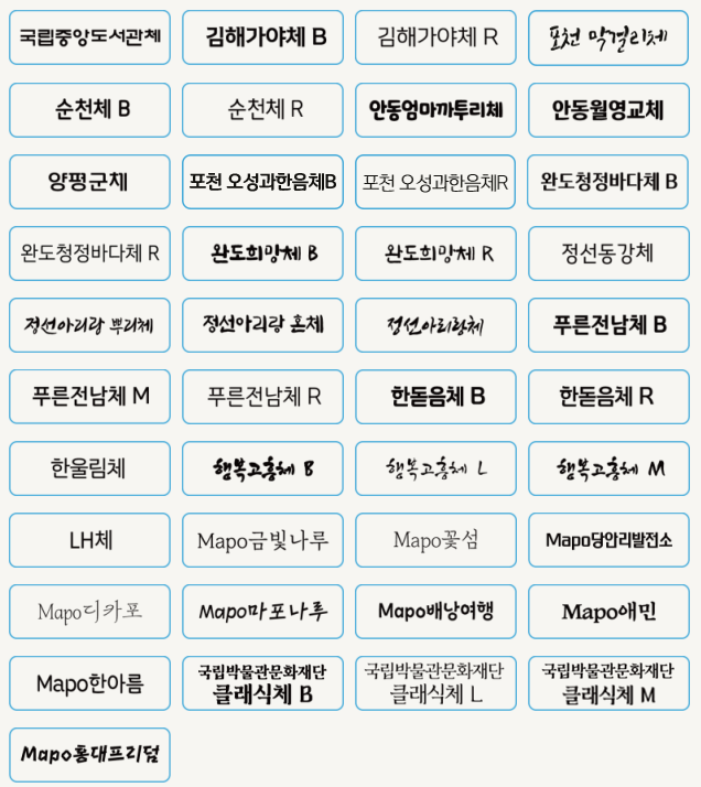 data_bu's tweet photo. 문화체육관광부에서 정리해준 안심 글꼴 123종 파일입니다. 링크에서 다운받을 수 있어요!  
https://t.co/3vWKEcqHfl https://t.co/Nvd2m9M8u1