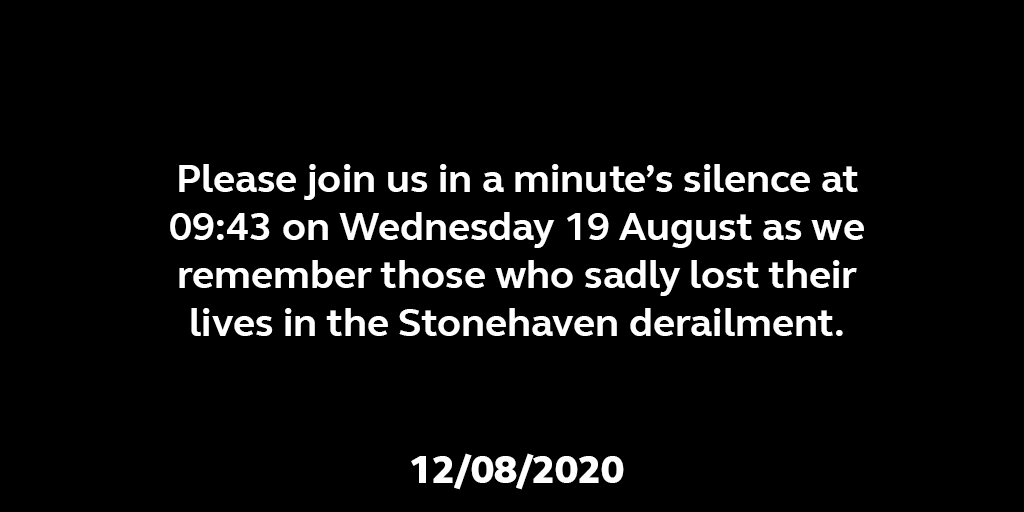 DRSgovuk's tweet photo. Tomorrow, we’ll be observing a minute’s silence at 0943 with our colleagues across the rail network to remember those who sadly lost their lives at Stonehaven last week. If you can, please join us. #RailwayFamily https://t.co/vSIvjKk1Tr