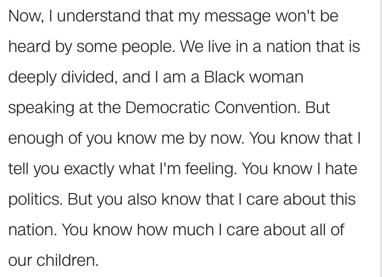 As Obama herself said in the speech, this is a strategy complicated for her by her race—by the way being Black reads as being partisan. She pushes right back against that, though, with intimacy and motherhood themes: