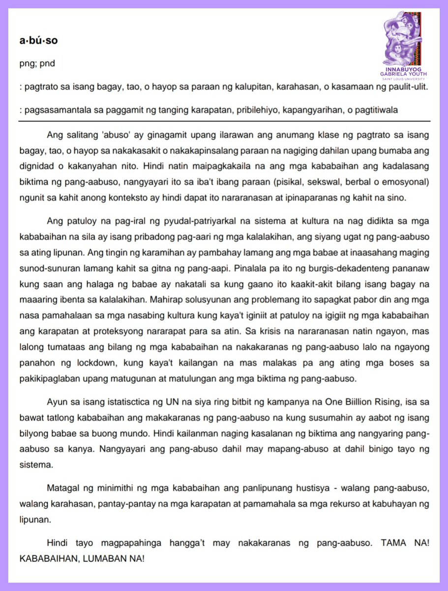 Innabuyog Gabriela Youth Slu در توییتر Ika 18 Ng Agosto 2020 Abuso Hindi Tayo Magpapahinga Hangga T May Nakakaranas Ng Pang Aabuso Tama Na Kababaihan Lumaban Na Labanbabae Endvawcnow Https T Co Def24jdhtr
