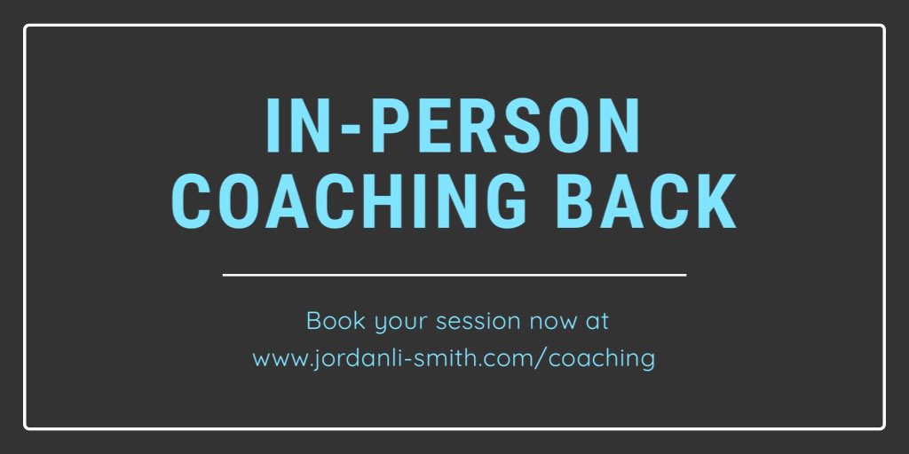 I’m very happy to say that I’ll be resuming In-Person one to one coaching from this Saturday!

I’ve also expanded my coaching options as much as I can, so I hopefully can offer something for every need and budget.

Hope to be working with you soon 😊 
jordanli-smith.com/coaching