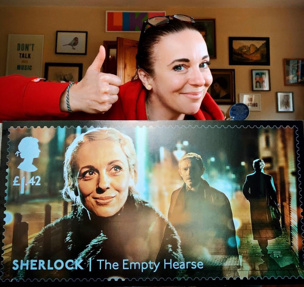 RoyalMailStamps's tweet photo. #Sherlock stamps issued today! And to celebrate here's Amanda Abbington with her design https://t.co/4ZkRxuKwcg
#TenYearsOfSherlock https://t.co/488ZBBK8BB