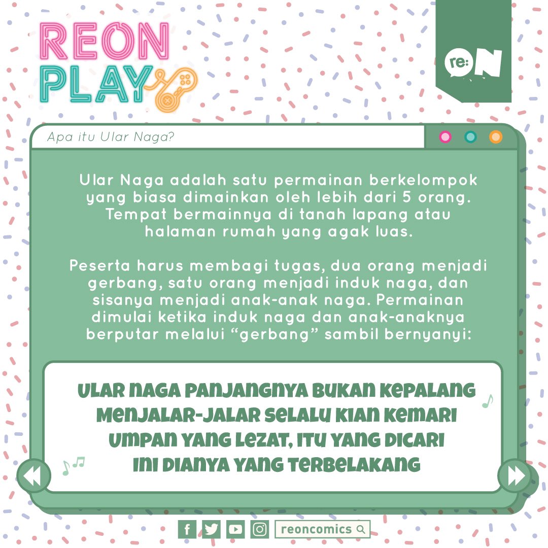 reoncomics's tweet photo. Reonites! Kembali lagi di #reONPlay!
Masih seputar permainan tahun 90-an! Kali ini kita akan bahas permainan ular naga! Siapa nih yang pernah main ini? Ceritain, dong!
Permainan 90-an apa nih yang mau dibahas berikutnya? Tulis di kolom komentar, ya!
#permainan90an #ularnaga https://t.co/UZULPf5tRP