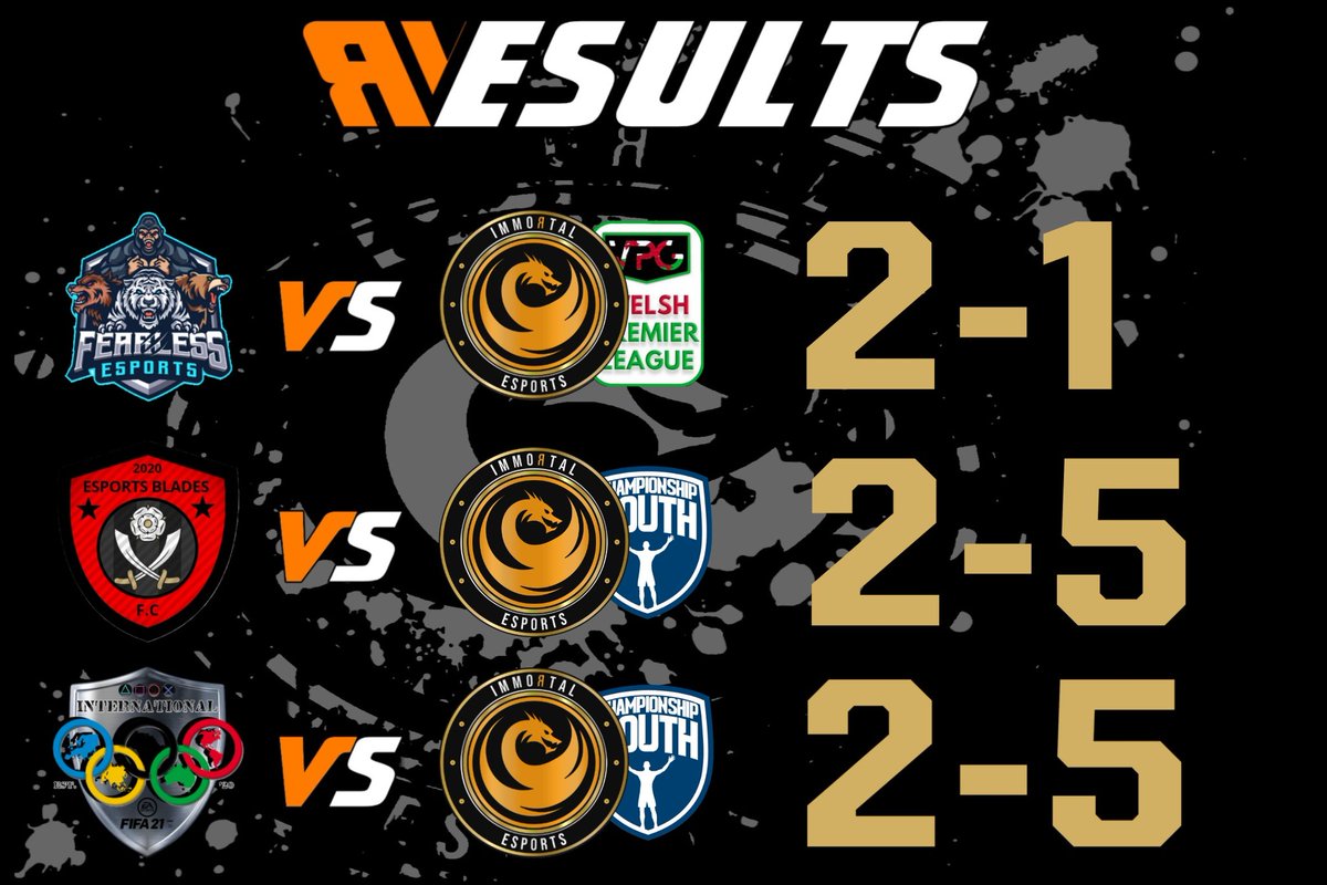 🟠 Last Night's Results: 🟠

<a href="/VPG_WALES/">VPG Wales</a>
2-1 vs <a href="/VPGFearless/">Fearless eSports</a> ❌
 <a href="/VpBxta/">VPBxta</a> - ⭐

<a href="/OfficialVPG/">Virtual Pro Gaming</a> Champ South
5-2 vs <a href="/EsportsBlade/">blade eSports</a> ✅
<a href="/Rimo/">rimo</a> - ⭐

<a href="/OfficialVPG/">Virtual Pro Gaming</a> Champ South
5-2 vs International EU ✅
@vGunner__x - ⭐

GGs to all our opponents

#WeAreImmortal