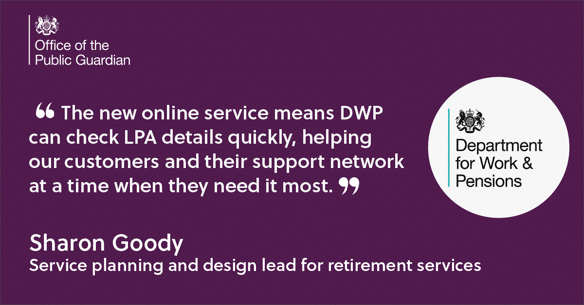 OPGGovUK's tweet photo. One of our biggest successes with the new #UseAnLPA service is the work we did with our partners like @DWP who share our desire to improve services for customers and modernise the customer journey🤝
For more information on our new service, visit us online https://t.co/k1Wuc27nq5 https://t.co/yYAy4veWMD