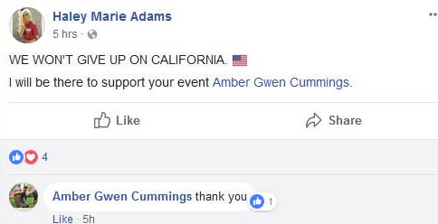 Haley Adams is friends with Amber Cummings and has traveled to California to support her past events, so I would not be surprised if she returns to Portland Saturday. Last weekend Haley's group instigated a lot of violence in Portland, so be on alert.