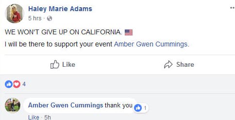 Haley Adams is friends with Amber Cummings and has traveled to California to support her past events, so I would not be surprised if she returns to Portland Saturday. Last weekend Haley& #39;s group instigated a lot of violence in Portland, so be on alert.