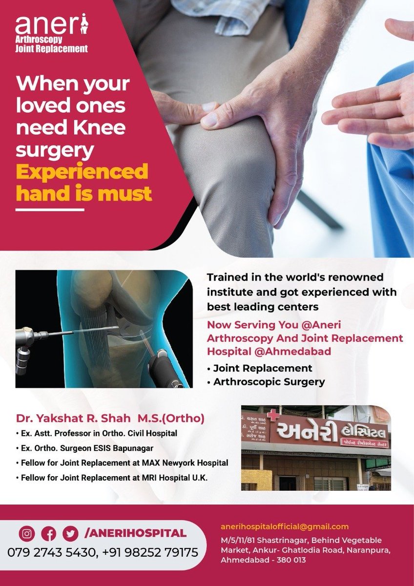 anerihospital's tweet photo. #AneriArthroscopyandJointReplacementHospital
#hospital #Arthoscopy #joint #arthroscopy #Kneepain #DRYAKSHATSHAH 
- Joint Replacement
- Arthroscopic Surgery https://t.co/U333uWOH6j