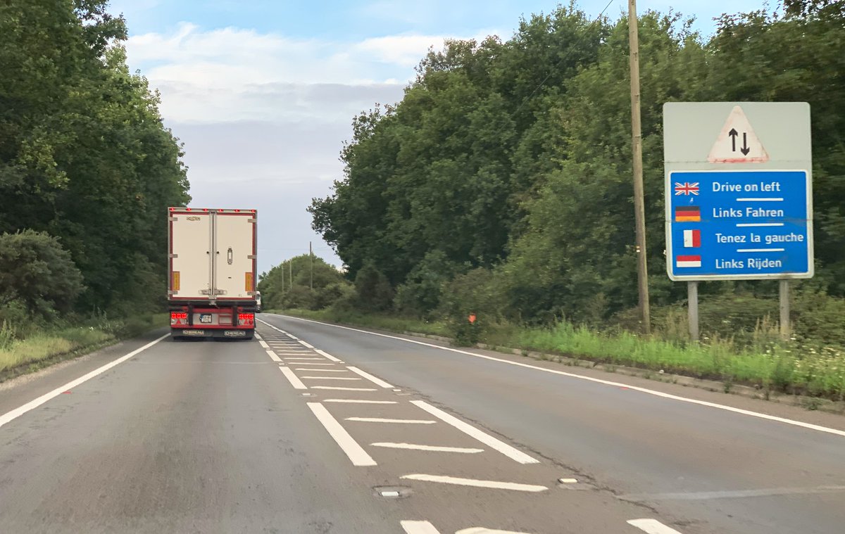 In The Netherlands there were signs reminding people to avoid busy places and keep social distance everywhere. In the UK they seem more worried about driving on the right side of the road. Which is of course the left...  #Roadtrip