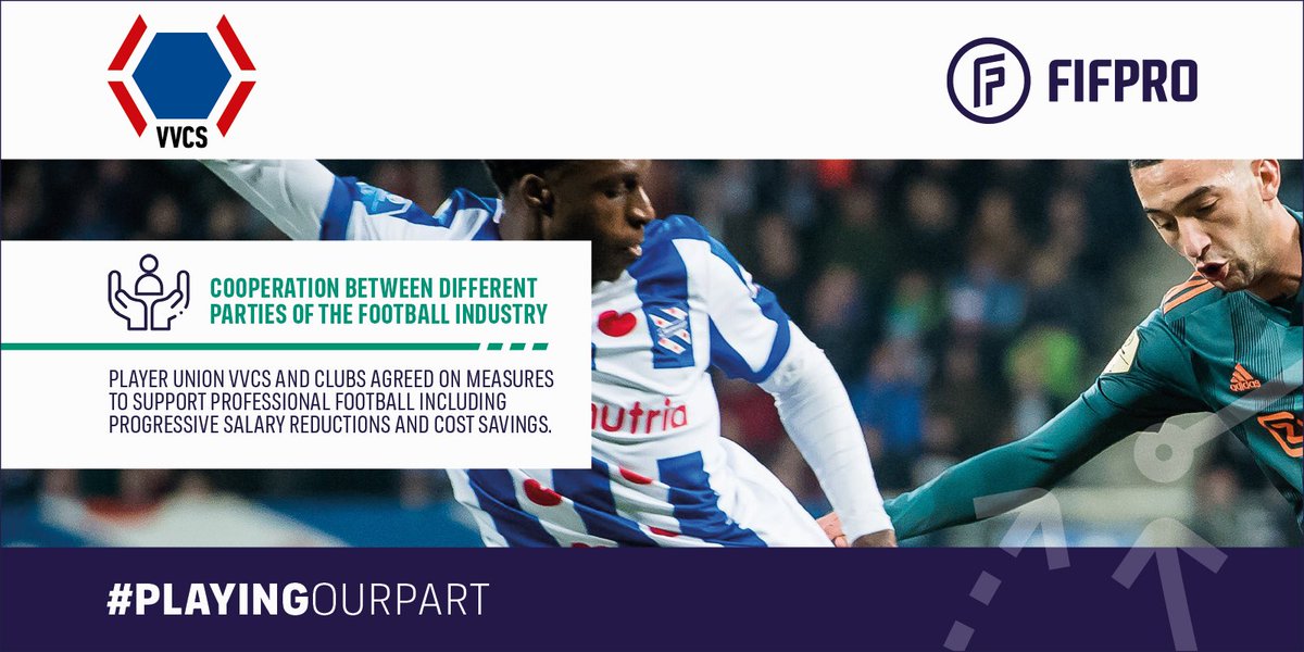 #PlayingOurPart 🇳🇱⚽️

<a href="/spelersvakbond/">VVCS</a> in The Netherlands is among player unions that agreed to progressive salary arrangements with clubs during the pandemic shutdown 🙌

More 👉fifpro.org/en/community/p…

#eredivisie #COVID19 #voetbal