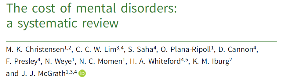 Christensen_MK's tweet photo. Our paper “The Cost of Mental Disorders: a systematic review” provides a comprehensive overview over the cost of mental disorders worldwide and was published TODAY in @EpiPsychSci
👉https://t.co/Tki0rheLj0

@John_J_McGrath #EpiTwitter #SystematicReview 
👇Thread with results https://t.co/JWFZYhNAMK
