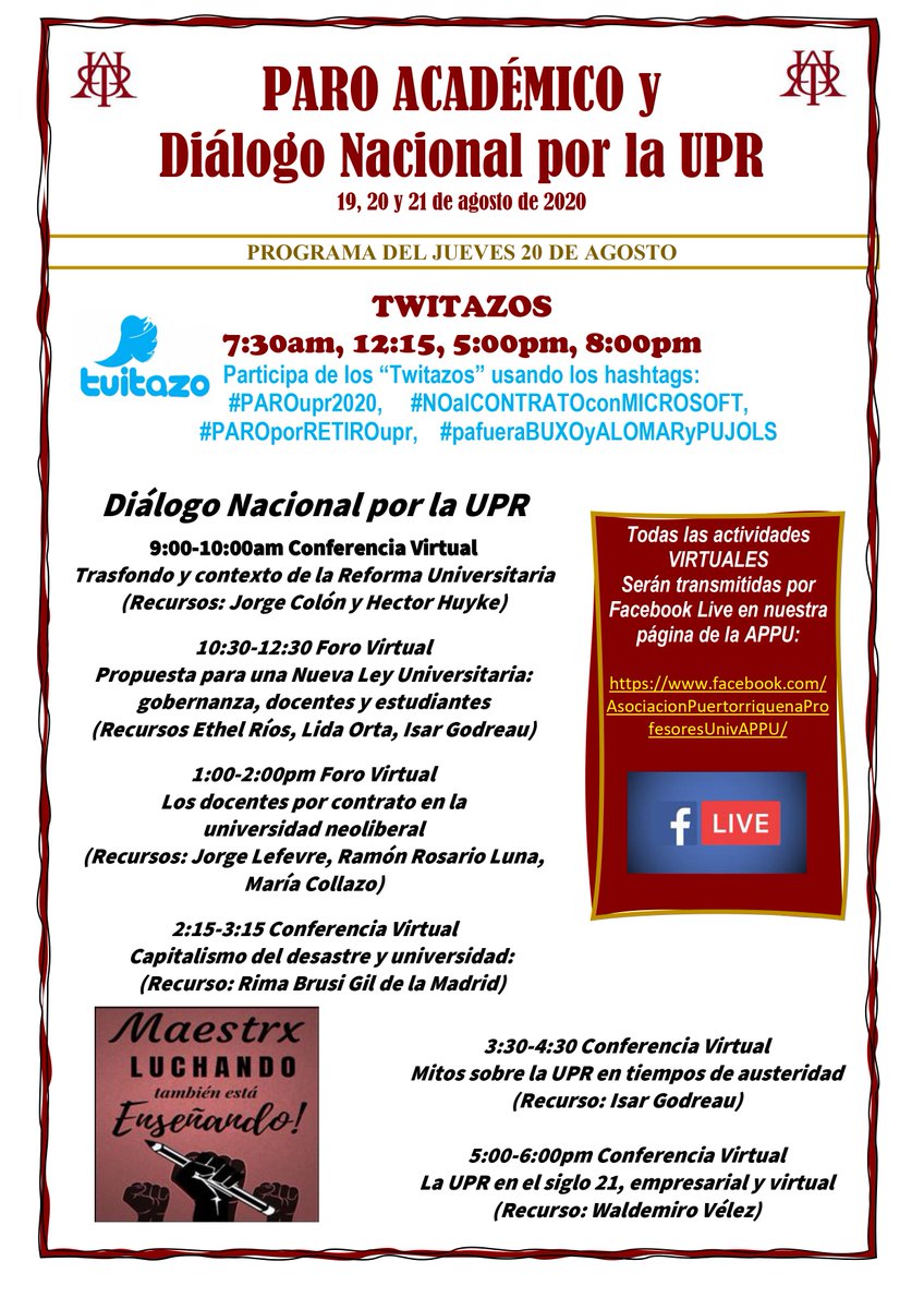 AGENDA MAÑANA 19  Y PASADO MAÑANA 20. Abre, lee y conversa.  #pafueraBUXOyALOMARyPUJOLS #NOalCONTRATOconMICROSOFT #PAROporRETIROupr #paroUPR2020 <a href="/appunacional/">Asoc Profesores Univ</a> @appu_rrp <a href="/AppuCayey/">APPU Cayey</a> <a href="/UPR_Oficial/">Universidad de Puerto Rico - UPR</a> <a href="/ProfAlomar/">Prof. Walter O. Alomar-Jimènez</a> <a href="/manuelnatal/">Manuel Natal Albelo</a> <a href="/jayfonsecapr/">Jay Fonseca</a>