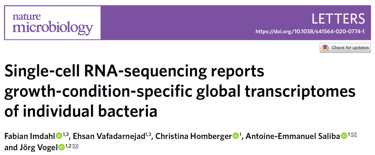 It is a great honor to present our last study published today in <a href="/NatureMicrobiol/">Nature Microbiology</a>. We pushed the limit of single-cell RNA-seq to report the physiology of a single bacteria, using Salmonella and Pseudomonas as pathogens (1/5). Link: nature.com/articles/s4156…