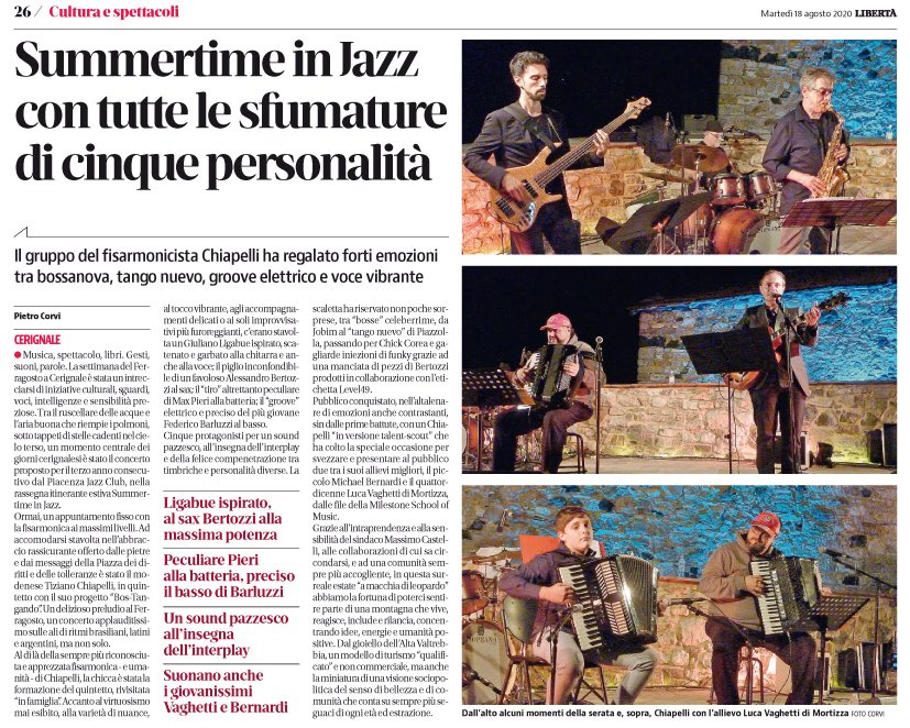Su <a href="/Liberta_it/">Libertà.it</a> la bella recensione di Pietro Corvi  dell’emozionante concerto di Tiziano Chiapelli a #Cerignale <a href="/musica_jazz/">Musica Jazz </a> <a href="/Mingus2011B/">Angelo Bardini</a> <a href="/AngelicaDa/">Angelica Dadomo</a> <a href="/laprovinciacr/">Provincia di Cremona</a>