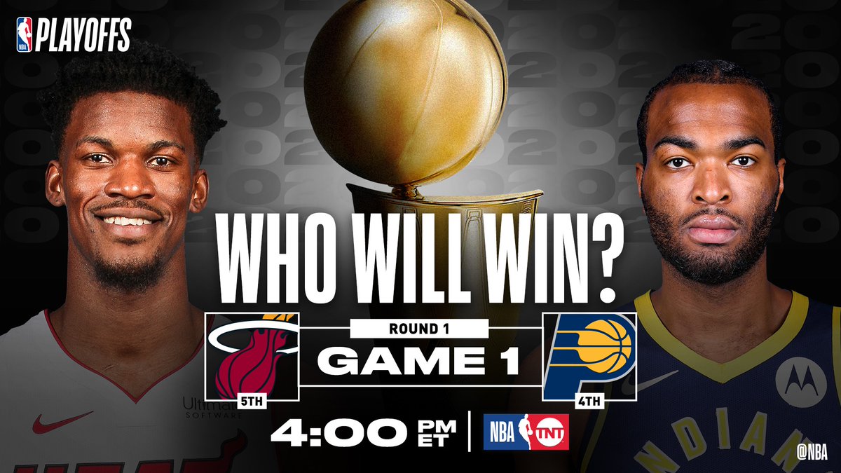 NBA's tweet image. #NBAPlayoffs action continues!

▪ Jimmy Butler: 19.9 PPG, 6.7 RPG, 6.0 APG, 1.8 SPG this season
▪ T.J. Warren: 31.0 PPG in Seeding Games

The (5) @MiamiHEAT and (4) @Pacers go head-to-head at 4 PM ET on TNT! WHO WILL WIN? #WholeNewGame