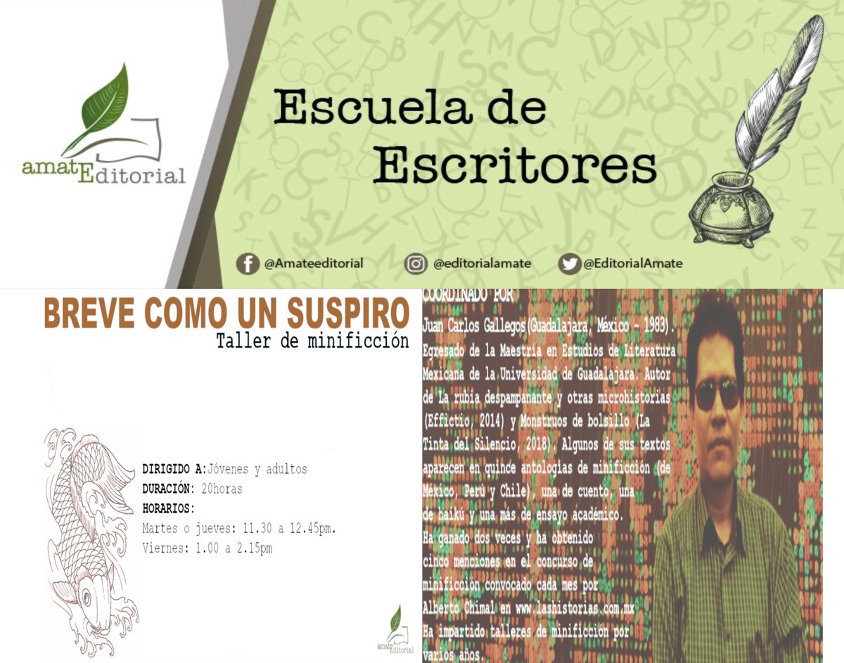 EditorialAmate's tweet photo. Los invitamos a que participen en los talleres que se ofertan en Escuela de Escritores Amateditorial
Para mayores informes envía un correo a: escuela.amateditorial@gmail.com
Si estás interesado en participar o recibir el programa detallado, regístrate en: https://t.co/oihh3NXRMz https://t.co/x3bFzcvdWh