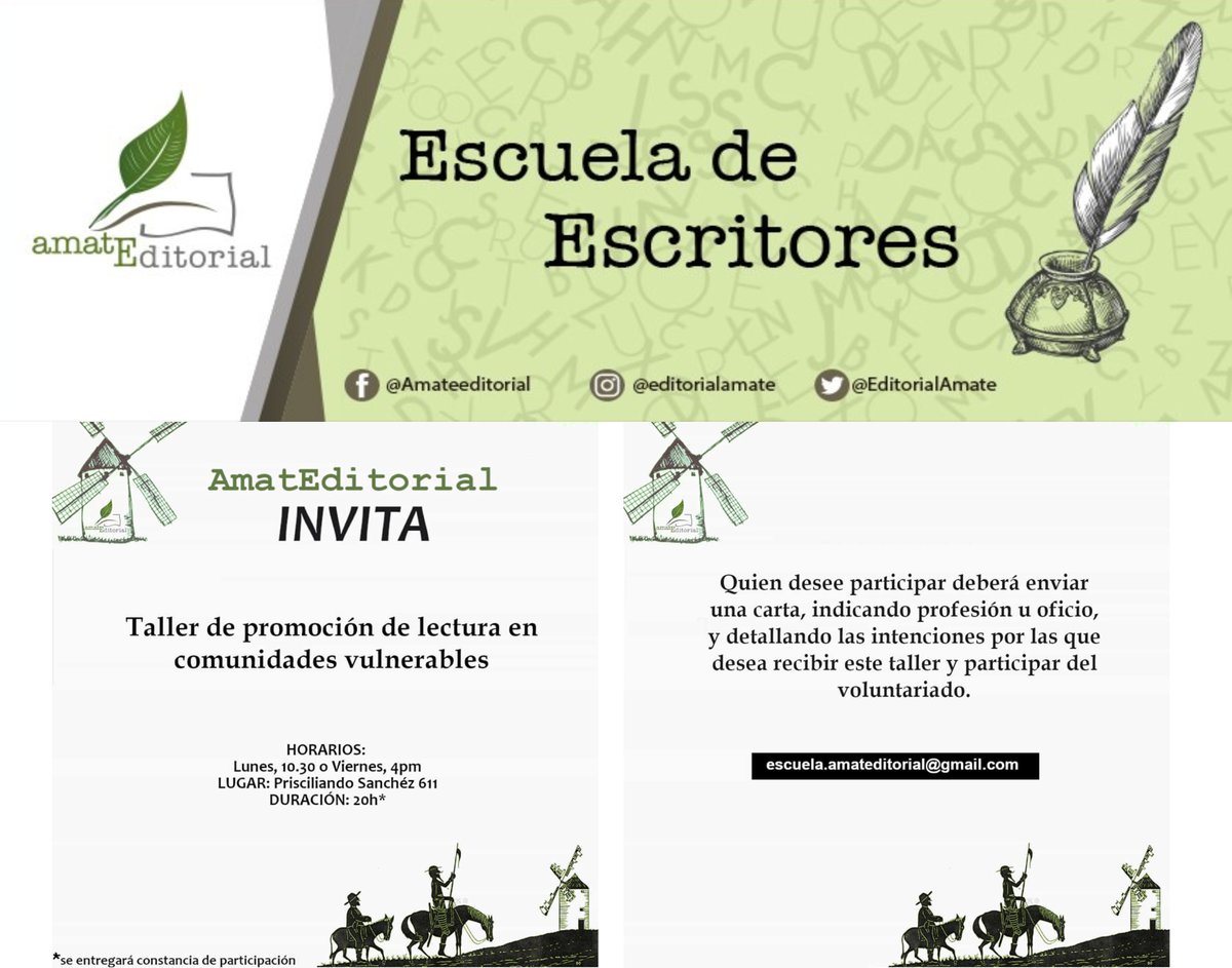 EditorialAmate's tweet photo. Los invitamos a que participen en los talleres que se ofertan en Escuela de Escritores Amateditorial
Para mayores informes envía un correo a: escuela.amateditorial@gmail.com
Si estás interesado en participar o recibir el programa detallado, regístrate en: https://t.co/oihh3NXRMz https://t.co/x3bFzcvdWh
