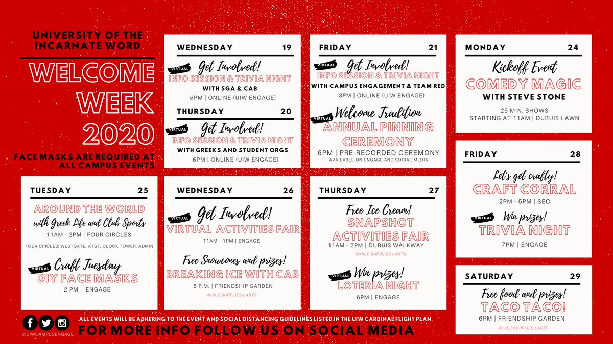 UIWcampusengage's tweet photo. Are you ready for Welcome Week 2020?
Stay up to date with all on campus and virtual activities. All events will adhere to guidelines listed in the Cardinal flight plan. #uiw #uiwwelcomeweek #uiwpride https://t.co/AMCg7g2xS5