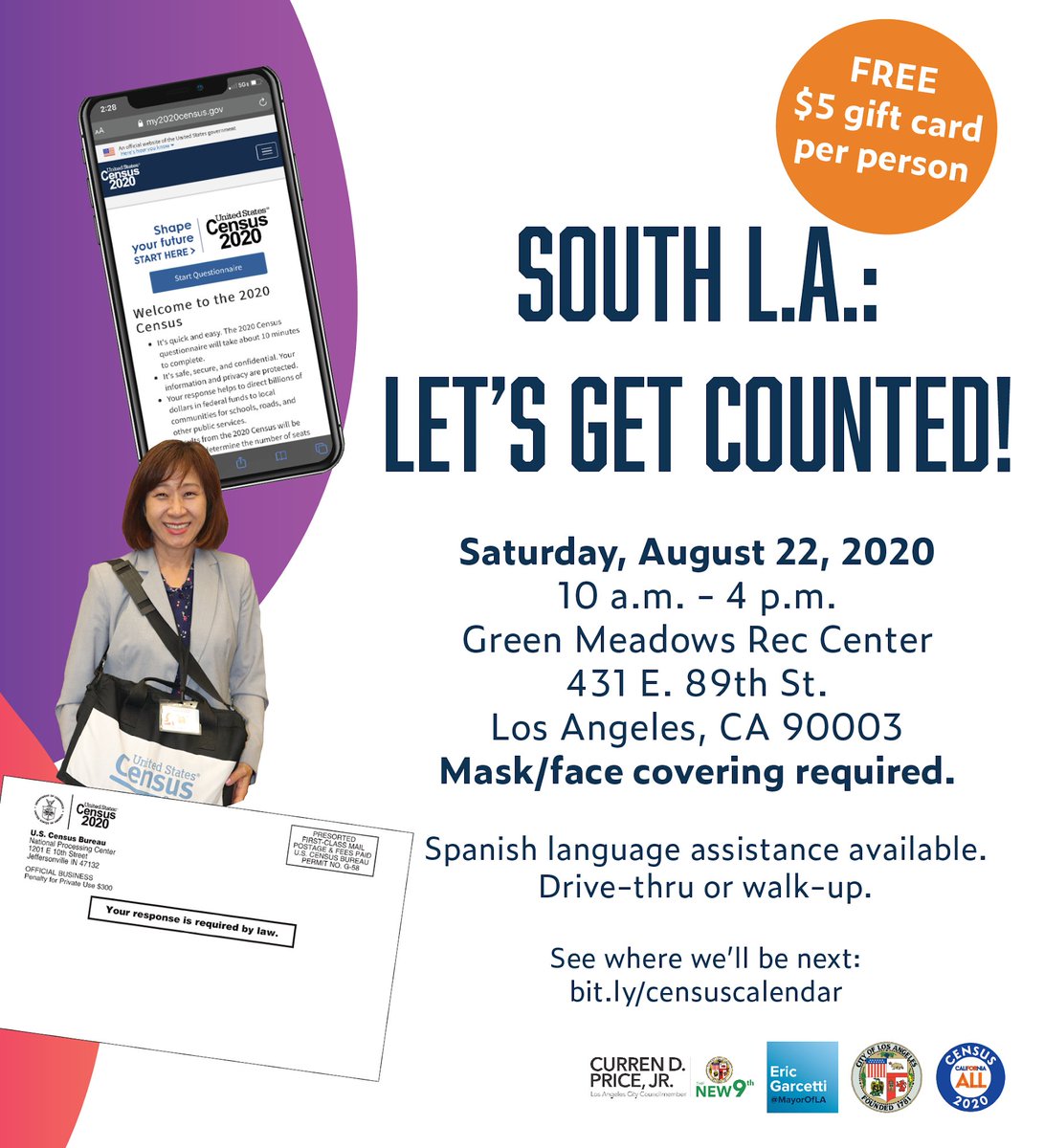 Woman holding census bag. Cell phone with census web page and census envelop below. 