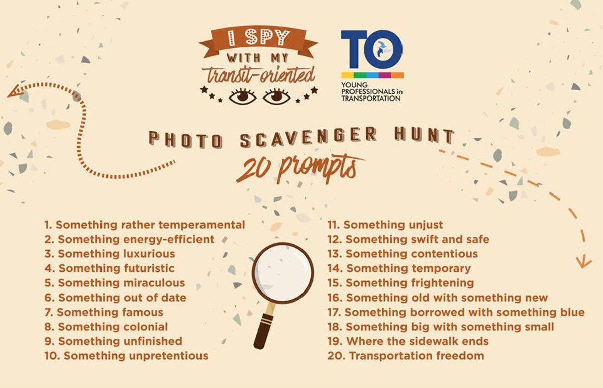 yptTO's tweet photo. Have you started taking pictures for our transpo-themed Photo Scavenger Hunt? Hurry up, you have until August 23rd! See picture for our 20 prompts. All rules and details are available at https://t.co/gOZk9uqNCq https://t.co/f95pJjbMyP