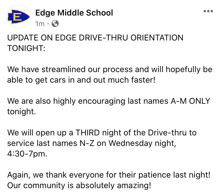 counselors_ems's tweet photo. UPDATE FOR TONIGHTS DRIVE THROUGH. #edgeisessential #braves #firstdayofschool https://t.co/c45MeOuk92